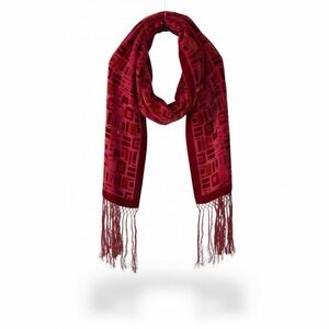 Whimsigoth Red Velvet Burnout Scarf Fringe Gothic Art Deco Long Wrap 9.5Wx76H
